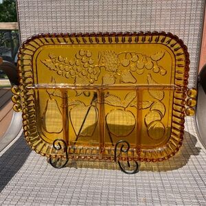 INDIANA GLASS AMBER DEPRESSION DIVIDED RELISH SERVING TRAY MID CENTURY MODERN